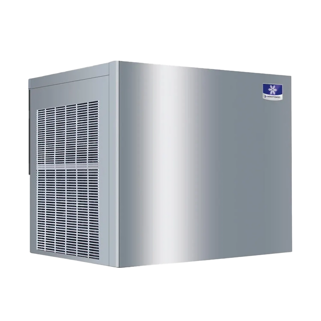 A stainless steel commercial ice machine with a front grille and a small blue and white logo badge on the upper right side, shown against a plain white background.