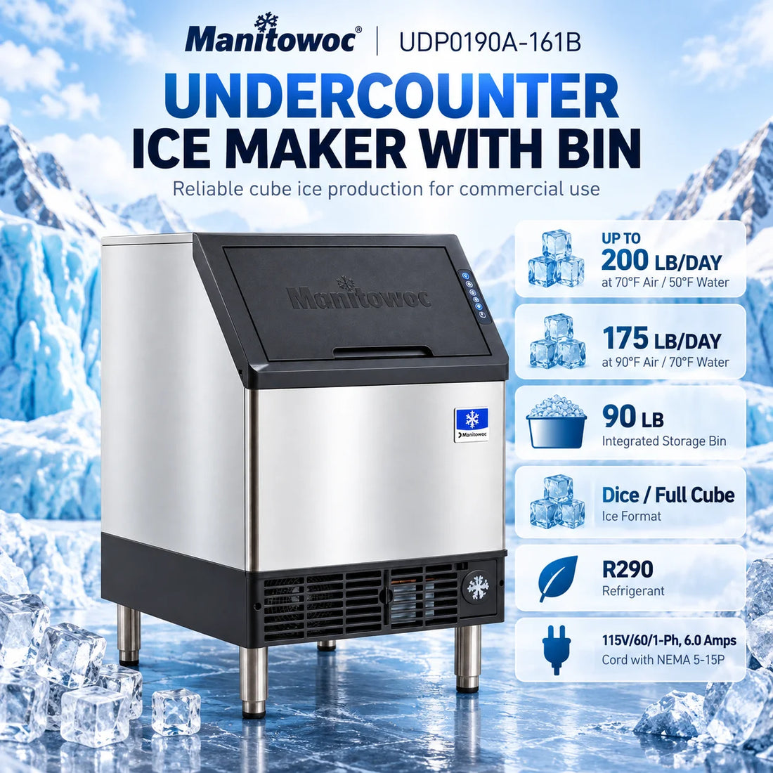 Manitowoc UDP0190A NEO Undercounter Full Dice Cube Ice Maker - 200 lb/Day with 90 lb Bin, Air-Cooled