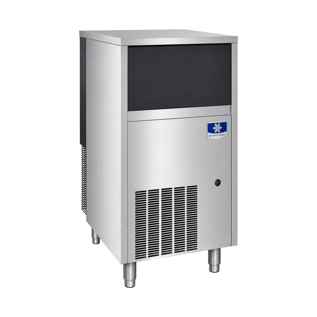 A stainless steel commercial ice machine with a black front panel, vented lower section, and a visible BUNN logo badge, shown on a plain white background.