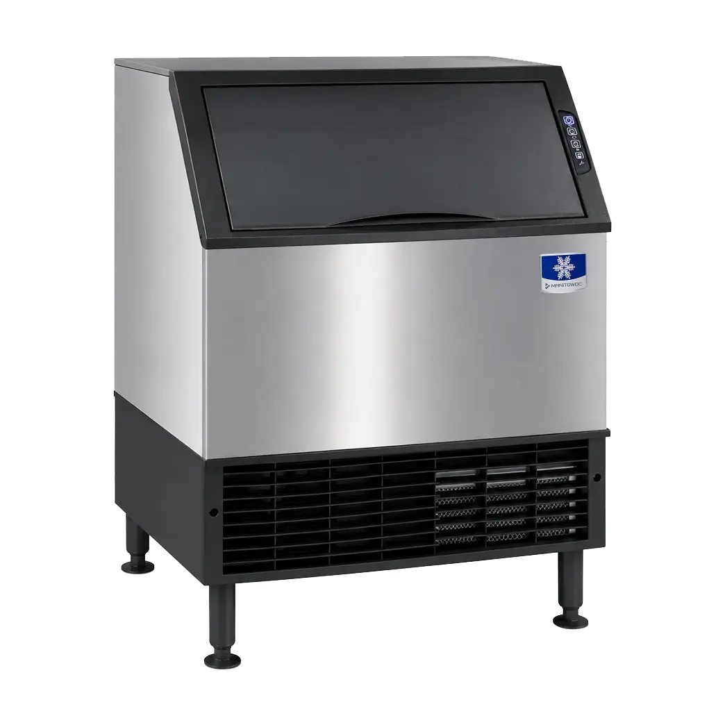 A commercial ice machine with a brushed stainless steel front panel, black top and base, and a small blue-and-white logo badge on the right side, shown on a plain white background.