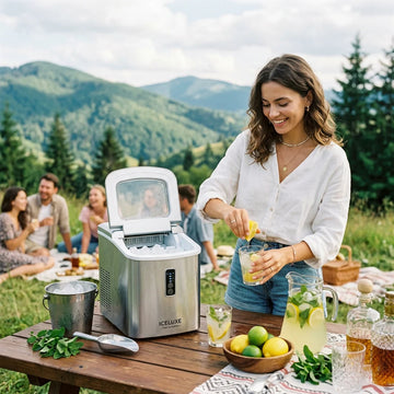 Woman making lemonade at a picnic with an ice maker in the background
