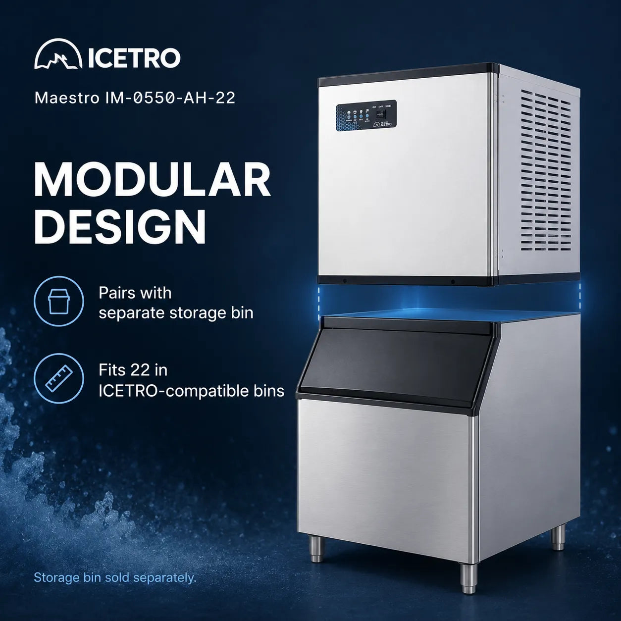 An industrial ice machine shown on a dark blue promotional background with text reading 'ICETRO Maestro IM-0550-AH-22' and 'MODULAR DESIGN.' The machine is stainless steel with black trim and a digital control panel on the upper section.