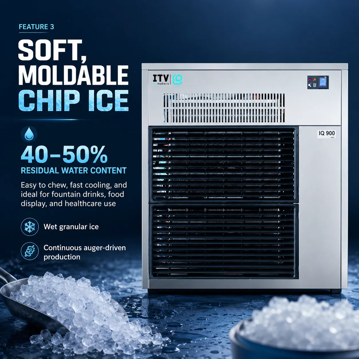 A countertop commercial ice machine with a brushed silver metal exterior and black front grille, shown on a dark blue promotional background with text highlighting soft, moldable chip ice and low residual water content. Ice is visible in the foreground.