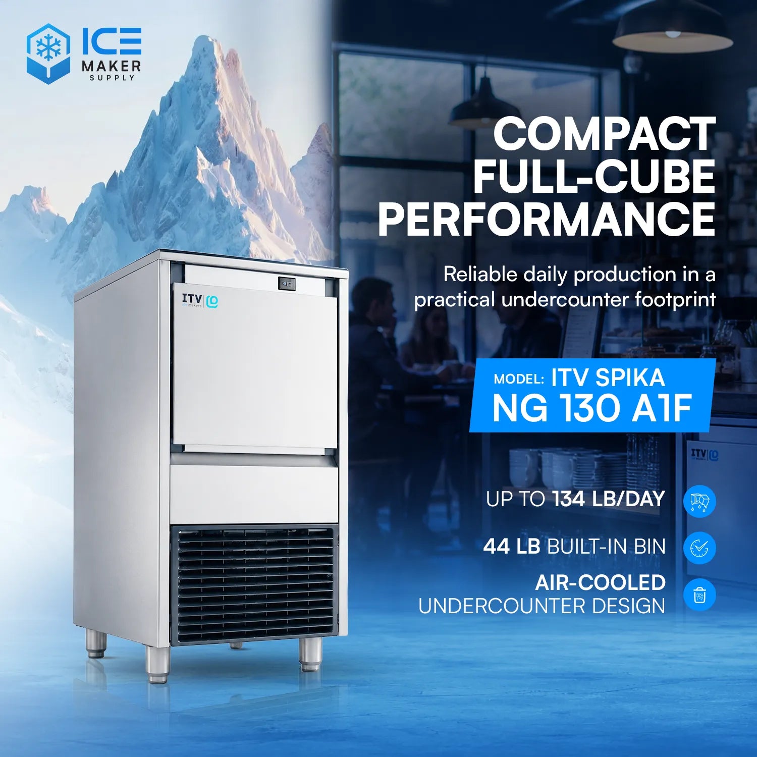 Ice maker machine with mountain and indoor setting background, featuring product details.