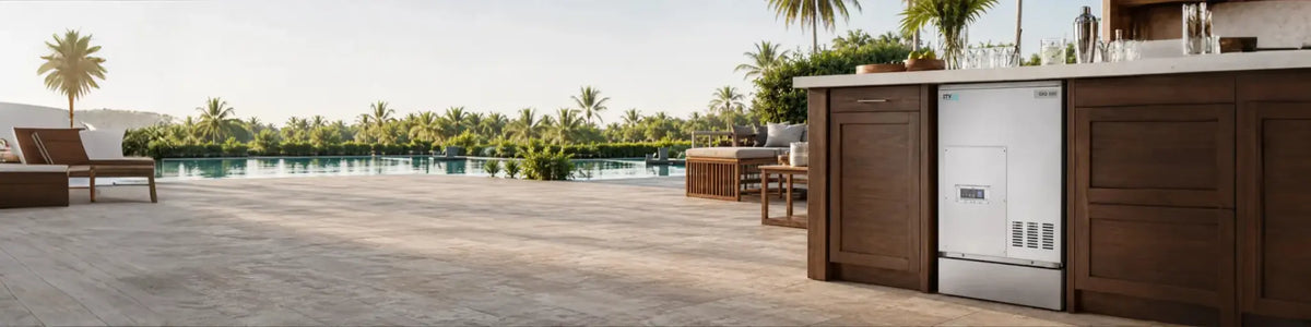 A stainless steel undercounter bar refrigerator integrated into dark brown wooden kitchen cabinets, set in an outdoor patio bar environment with palm trees and a pool in the background.slider_item_4m4yzQ