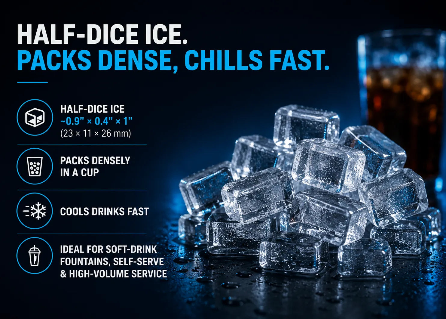 A promotional graphic for half-dice ice, showing a pile of clear frozen cubes on a dark surface with a glass of iced drink blurred in the background. Large text reads 'HALF-DICE ICE.