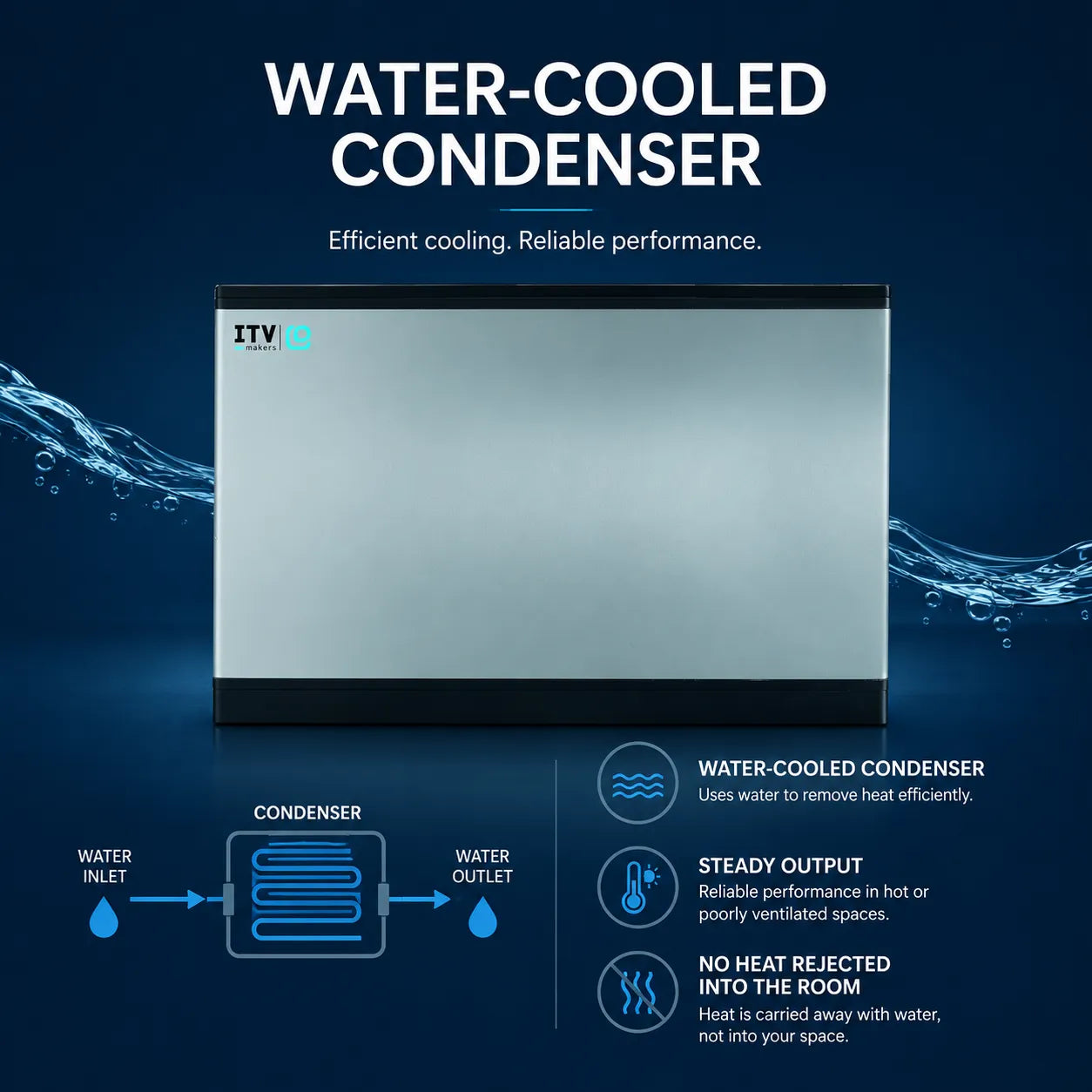 ITV water-cooled condenser display cabinet shown on a dark blue promotional background with water graphics, product specs, and a simple water flow diagram.