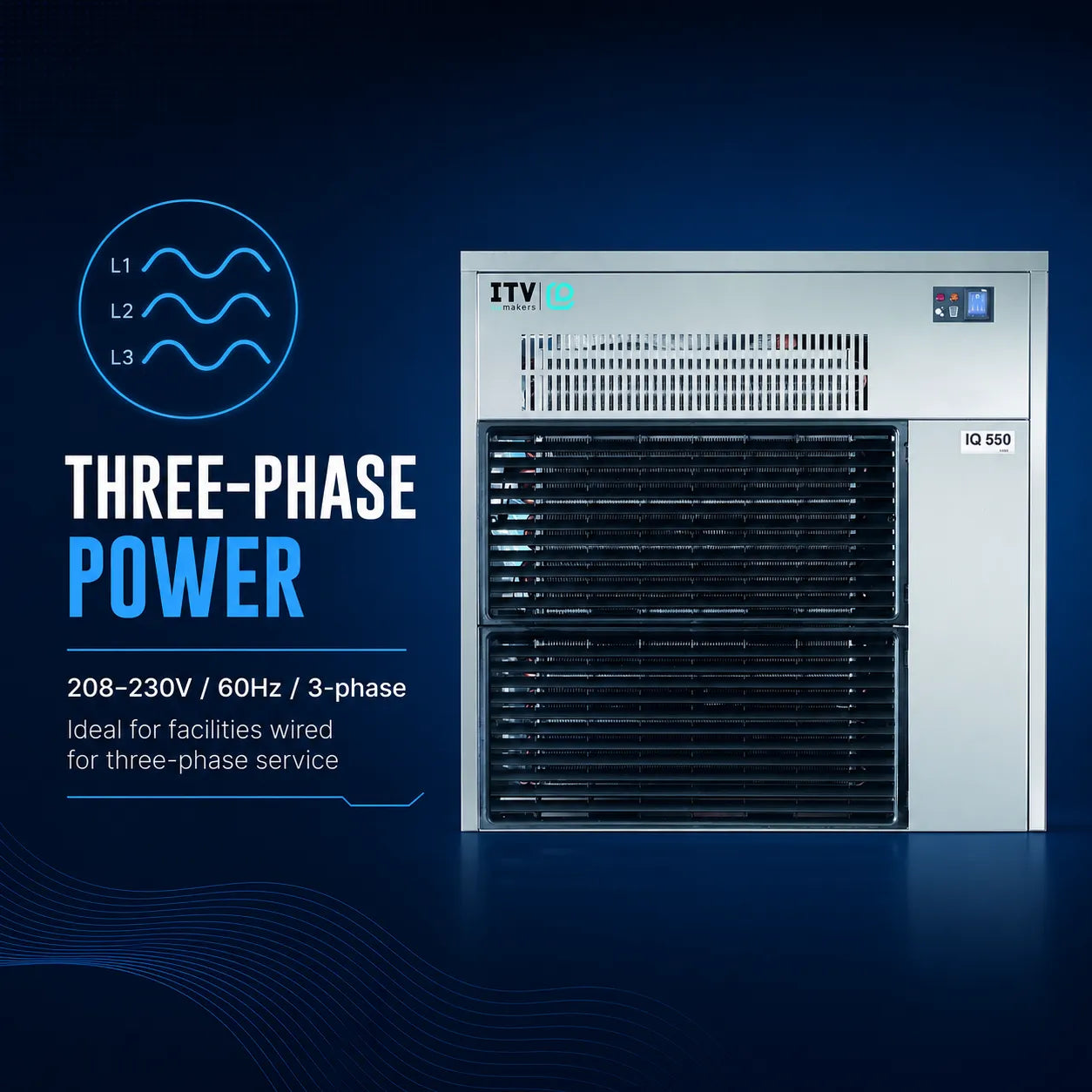 A three-phase industrial chiller unit with a silver metal casing and black front grilles, shown on a dark blue background with promotional text reading 'THREE-PHASE POWER' and '208-230V / 60Hz / 3-phase'. The brand 'ITV' is visible on the top left of the unit.