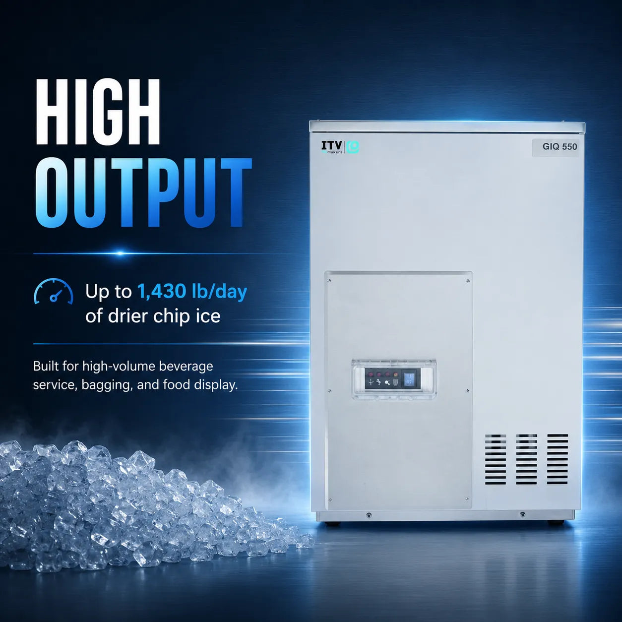 A large white beverage ice machine stands on a dark blue studio background with glowing blue light effects. Text on the left reads 'HIGH OUTPUT' and 'Up to 1,430 lb/day of drier chip ice.