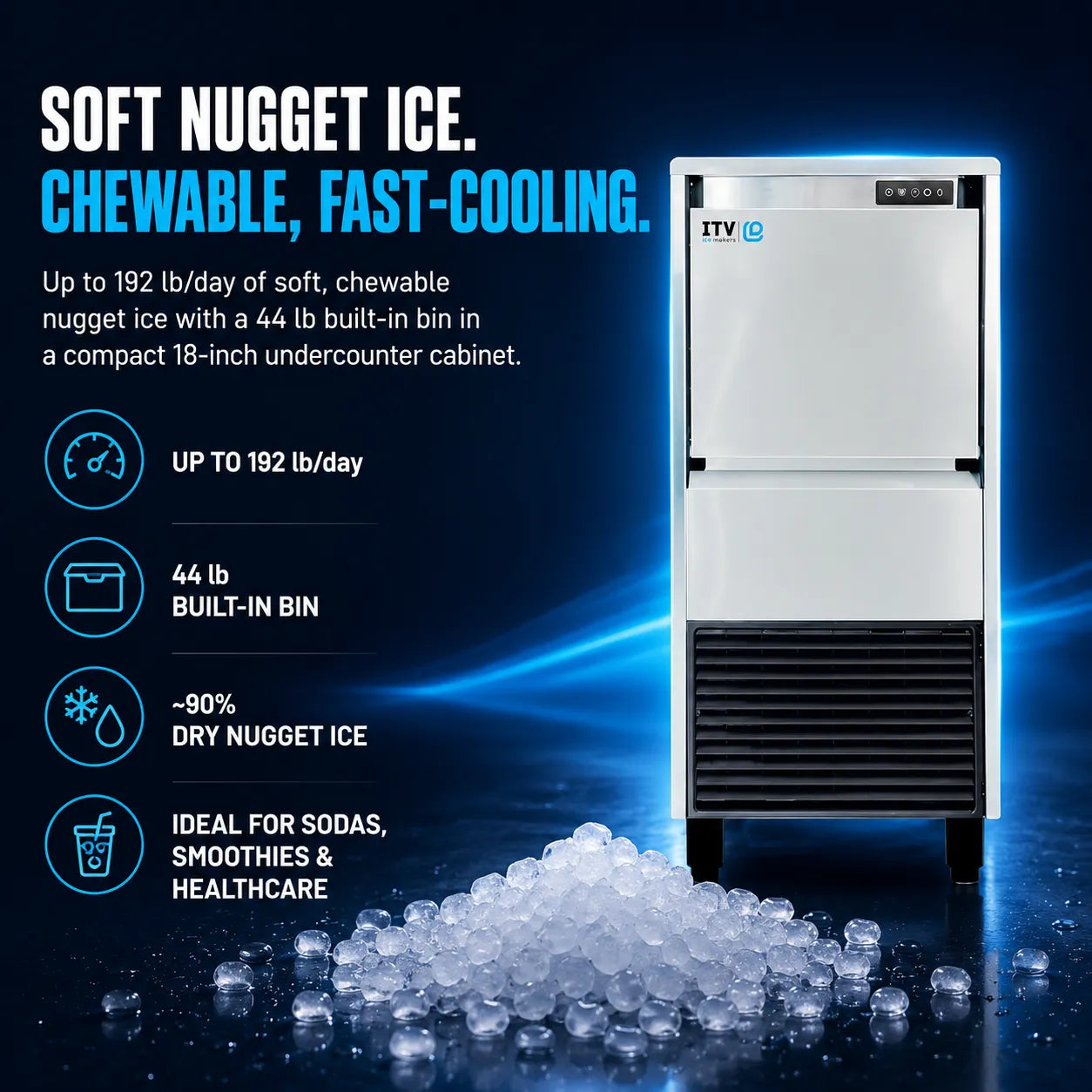 A compact undercounter soft nugget ice machine shown on a dark blue promotional background with text callouts and a pile of clear ice in front. The machine is white and silver with black accents, and the image includes marketing text about chewable, fast-cooling nugget ice.