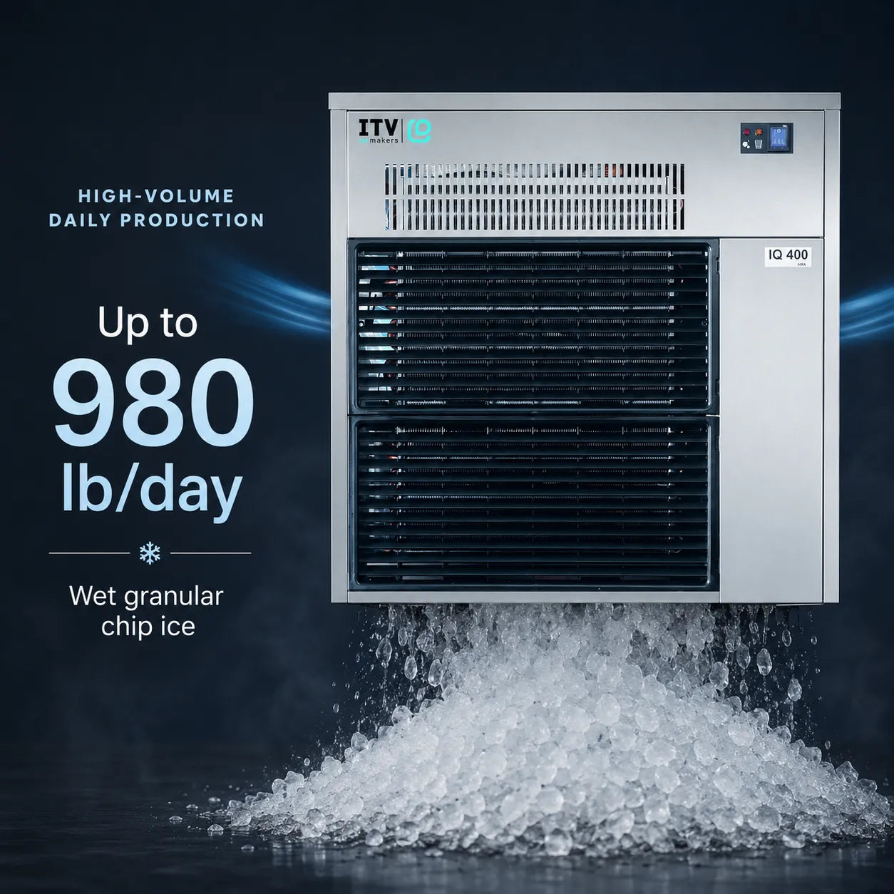 ITV wet granular chip ice machine in stainless steel with black grates, shown with a pile of crushed ice below on a dark background, with text highlighting up to 980 lb/day production.