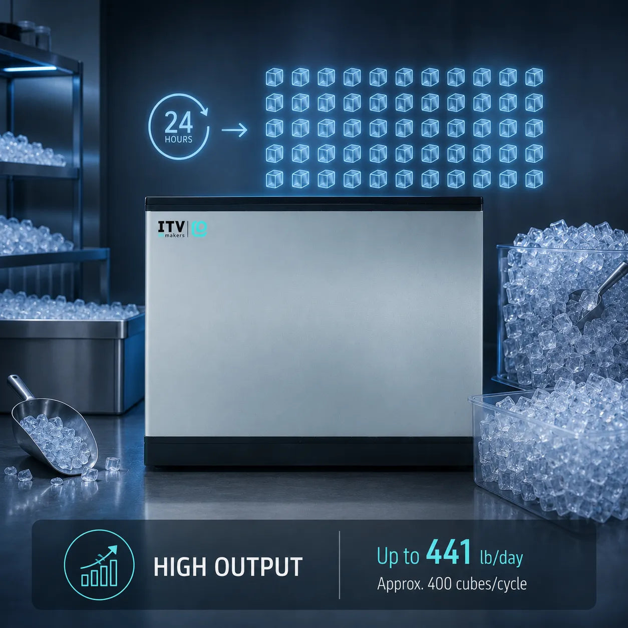 An ITV Ice Pro high-output ice machine shown in a dark commercial kitchen setting, surrounded by ice bins, scoops, and glowing blue graphics indicating 24-hour operation and up to 441 lb/day output.
