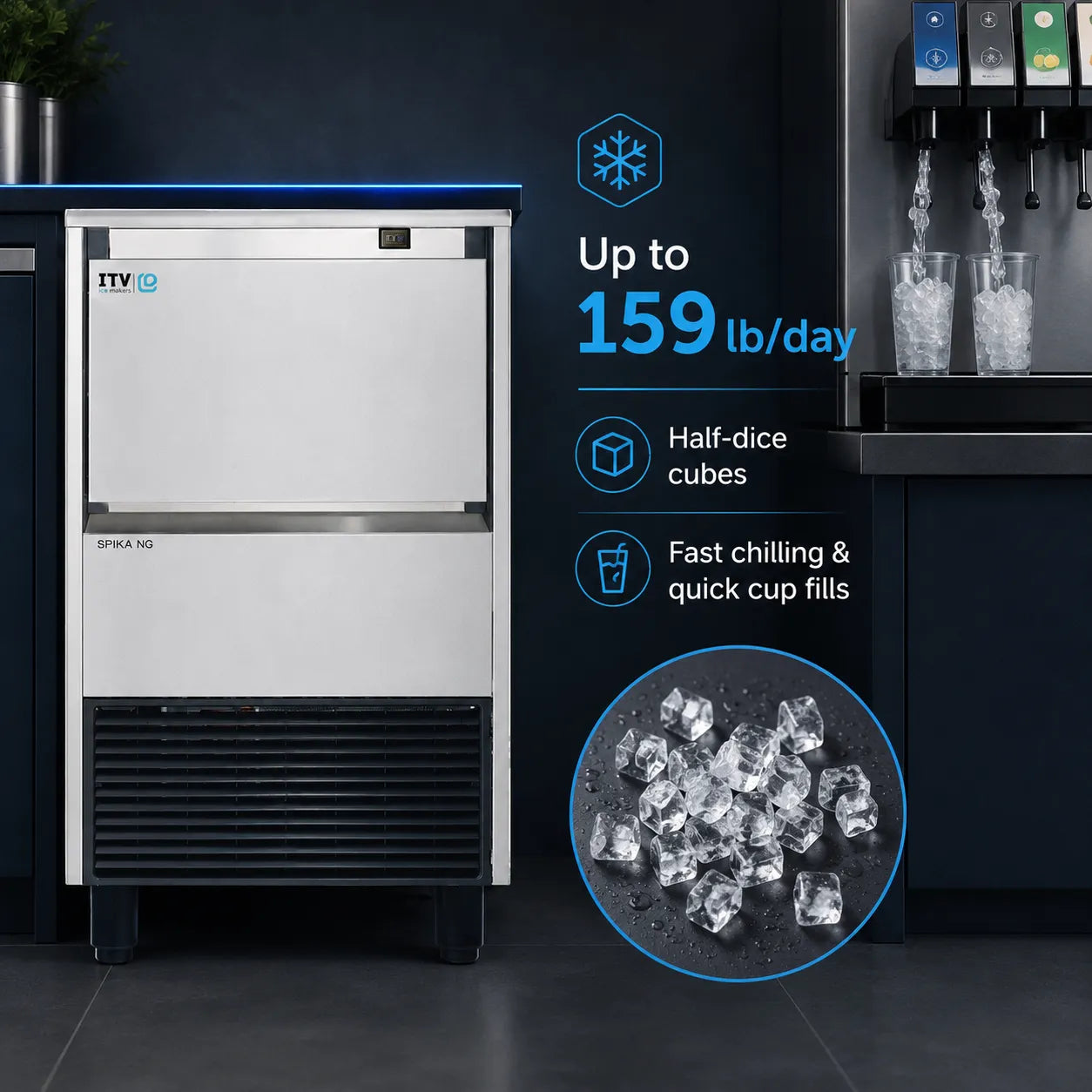 A stainless steel commercial ice machine shown in a dark kitchen/bar setting with overlaid marketing text reading 'Up to 159 lb/day', 'Half-dice cubes', and 'Fast chilling & quick cup fills', plus a circular inset of ice cubes.