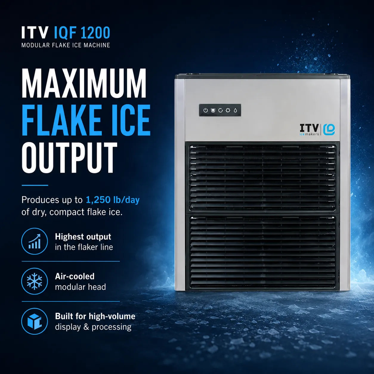 ITV IQF 1200 modular flake ice machine shown on a dark blue promotional background with text highlighting maximum flake ice output and product features.