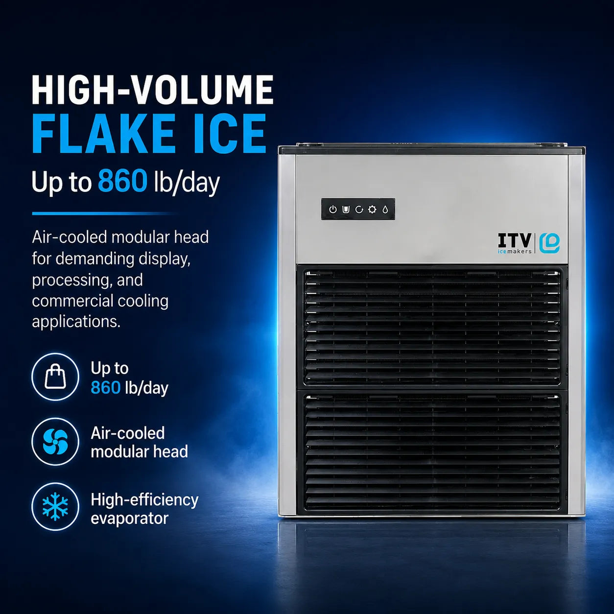 A high-volume flake ice machine with a silver and black front panel, shown on a dark blue background with promotional text and feature icons. The brand ITV Ice is visible on the upper right of the machine.