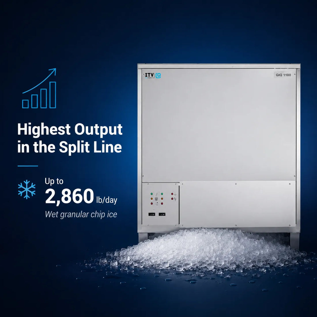 Front view of the ITV IQ 2700 R remote split modular granular chip ice machine head, rated at up to 2,860 lb/day