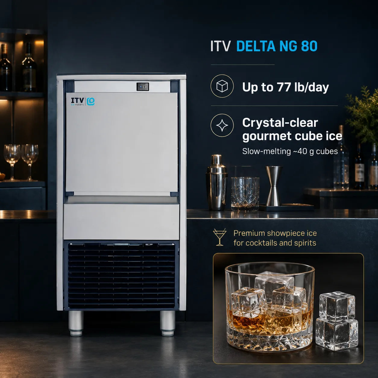 ITV Delta NG 80 commercial ice machine shown in a dark bar-like setting, with text callouts about up to 77 lb/day capacity and crystal-clear gourmet cube ice. An inset shows a whiskey glass with ice cubes.