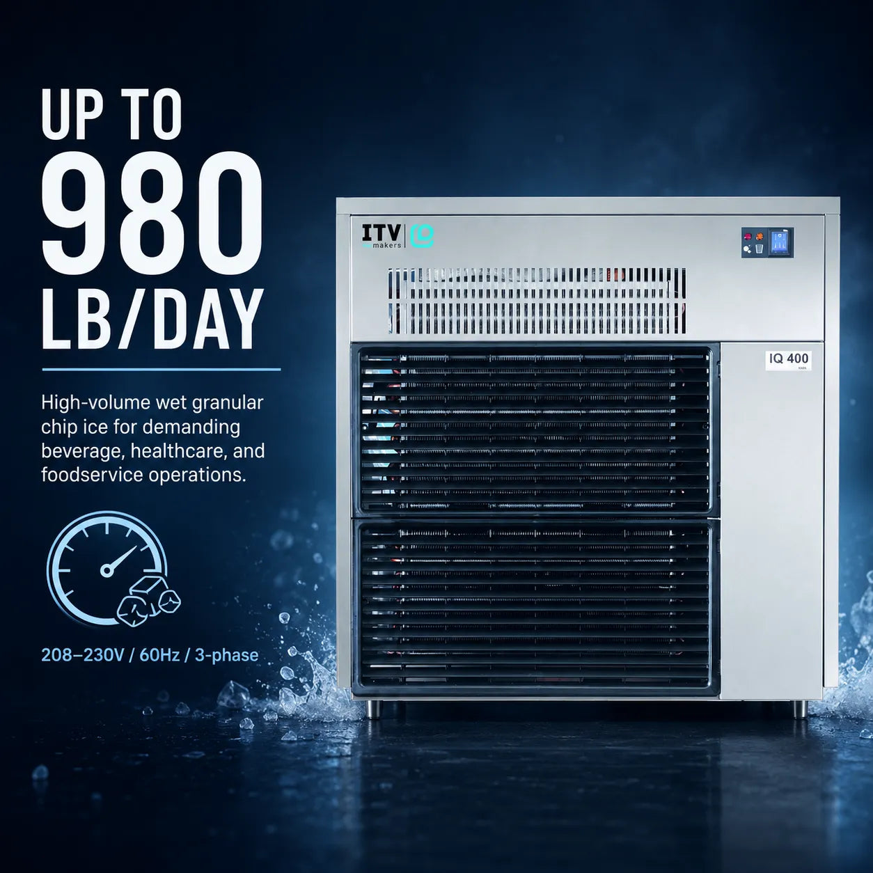 A high-volume wet granular chip ice machine with a brushed silver metal exterior and black front grilles, shown on a dark blue water-splashed background with promotional text reading 'UP TO 980 LB/DAY' and 'ITV' branding.