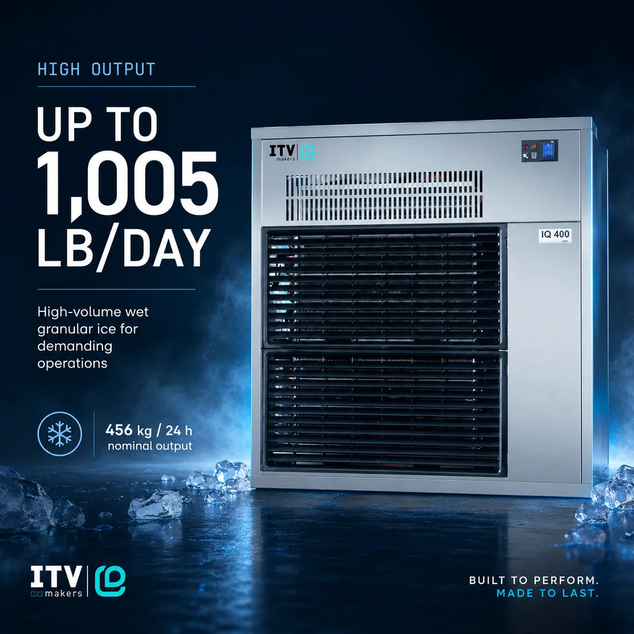 ITV Q2 400 high-output wet granular ice machine in a silver metal housing with black grates, shown on a dark blue, icy studio background with text highlighting up to 1,005 lb/day capacity.
