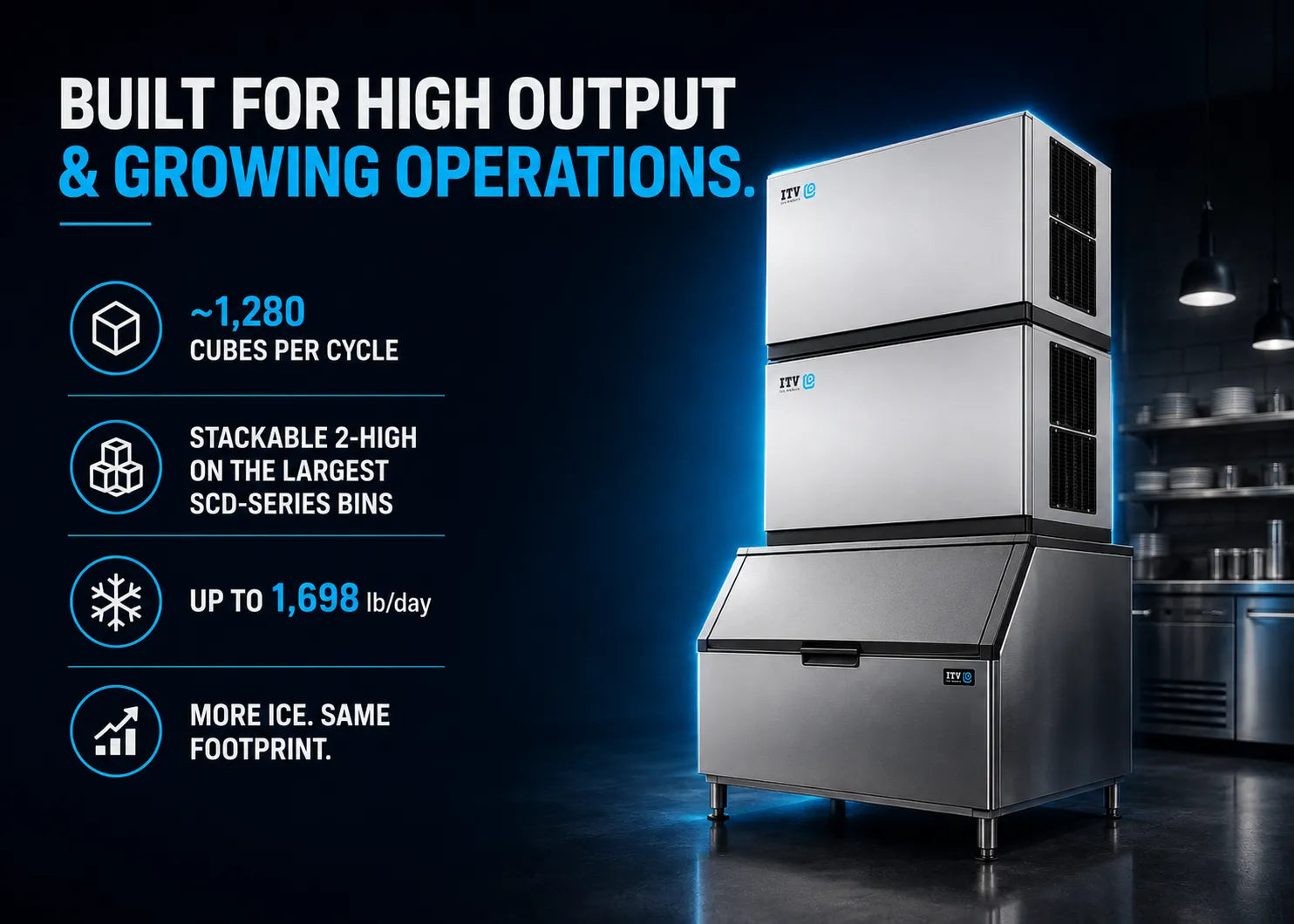 A stainless steel commercial ice machine shown in a dark kitchen-like setting with marketing text on the left. The machine is stacked two high, with a front drain tray and black vented side panels.