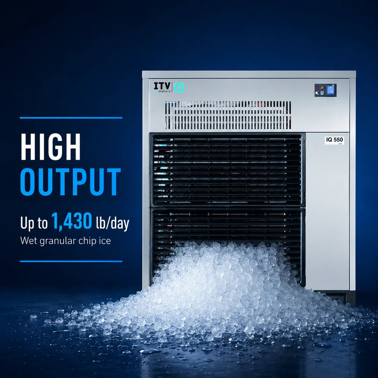 ITV IQ 550 high-output wet granular chip ice machine on a dark blue background with a pile of ice in front and text reading 'HIGH OUTPUT Up to 1,430 lb/day'.