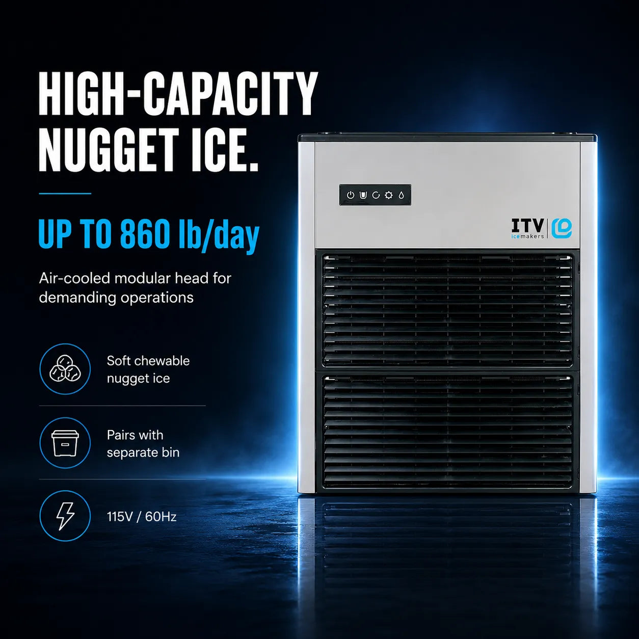 A high-capacity nugget ice machine shown on a dark blue studio background with glowing blue side lights. The machine is white and black with a front grille and a small control panel.