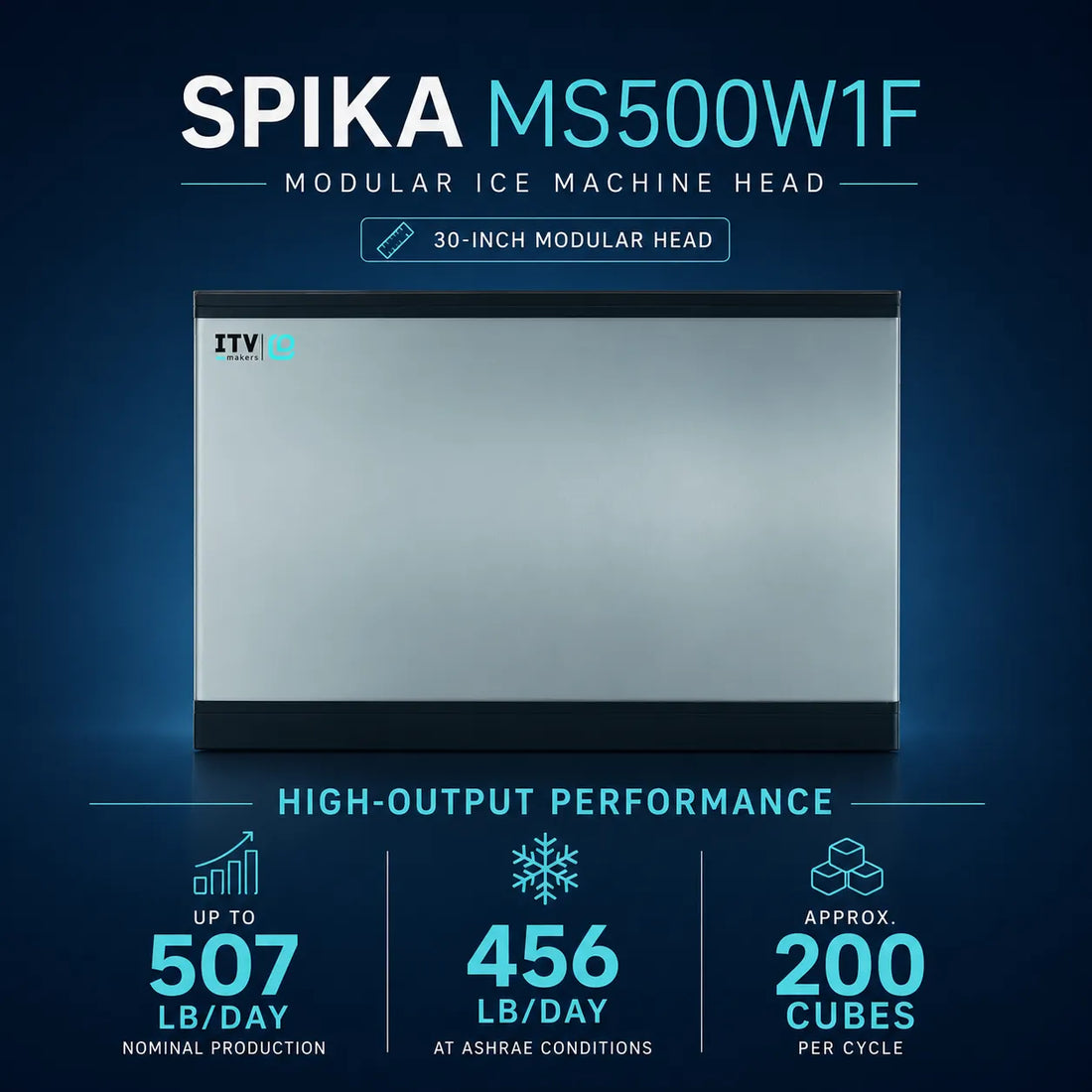 Shop the ITV SPIKA MS500 W1F water-cooled full-dice modular ice machine head, rated up to 461 lb/day for commercial ice production