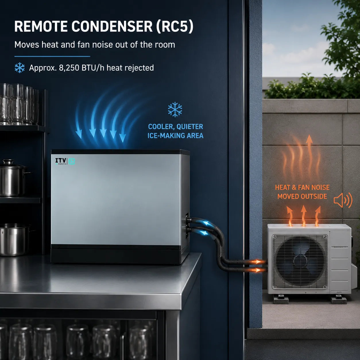ITV remote condenser (RC5) split system shown installed in a kitchen with an outdoor air conditioner unit connected via a black pipe, illustrating heat and fan noise redirection. The image features text overlays explaining the remote condenser benefits.