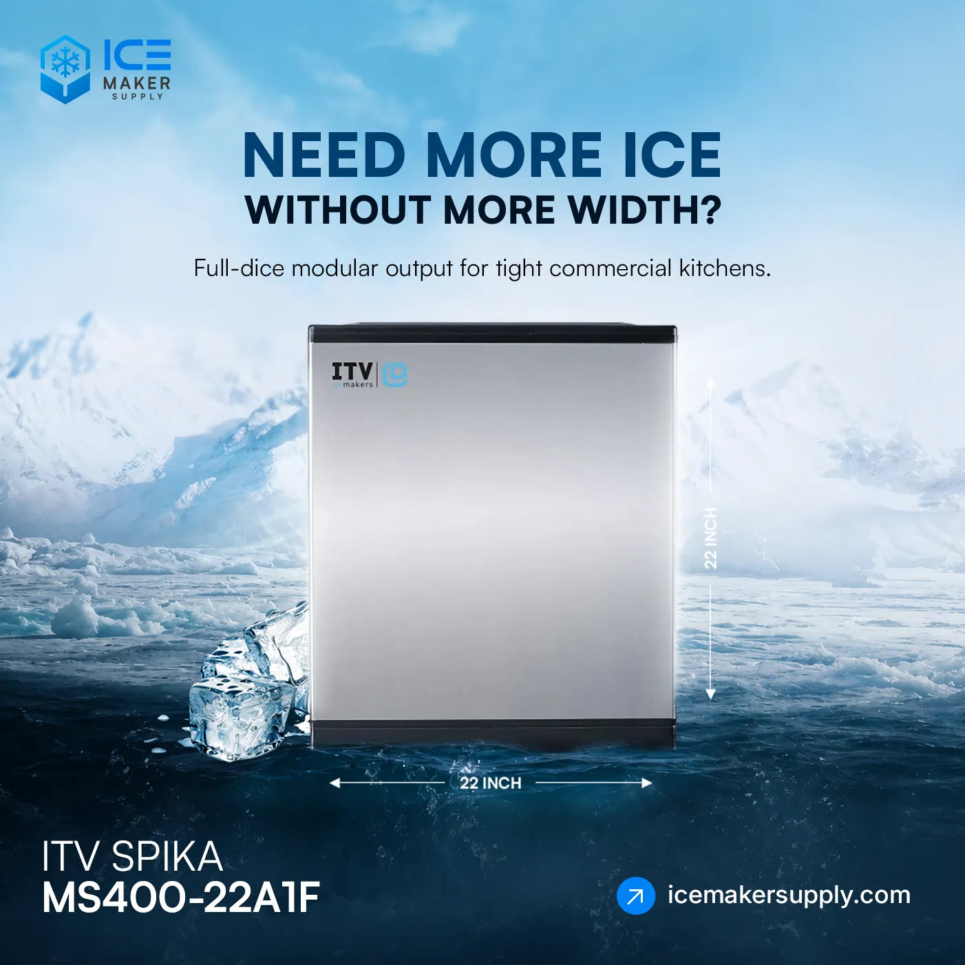Ice maker with ice and water graphics on a blue background, featuring the ITV SPIKA MS400-22A1F model.