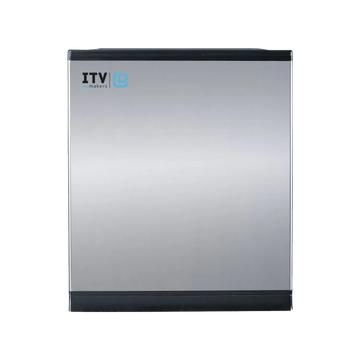 Stainless steel refrigerator with black handle on a white background