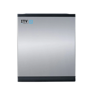 Stainless steel refrigerator with ITV logo on a white background