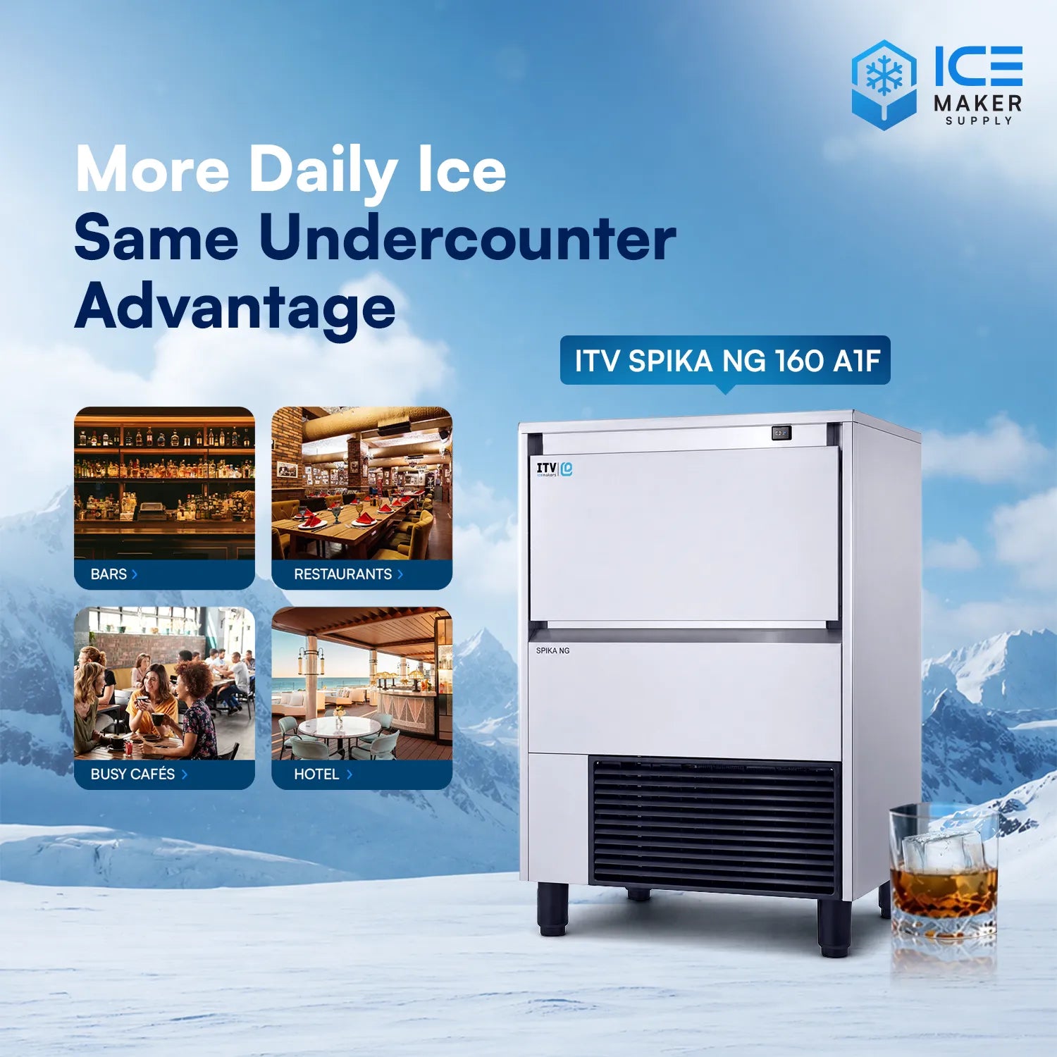 Ice maker machine with promotional text and images of various settings on a snowy mountain background.