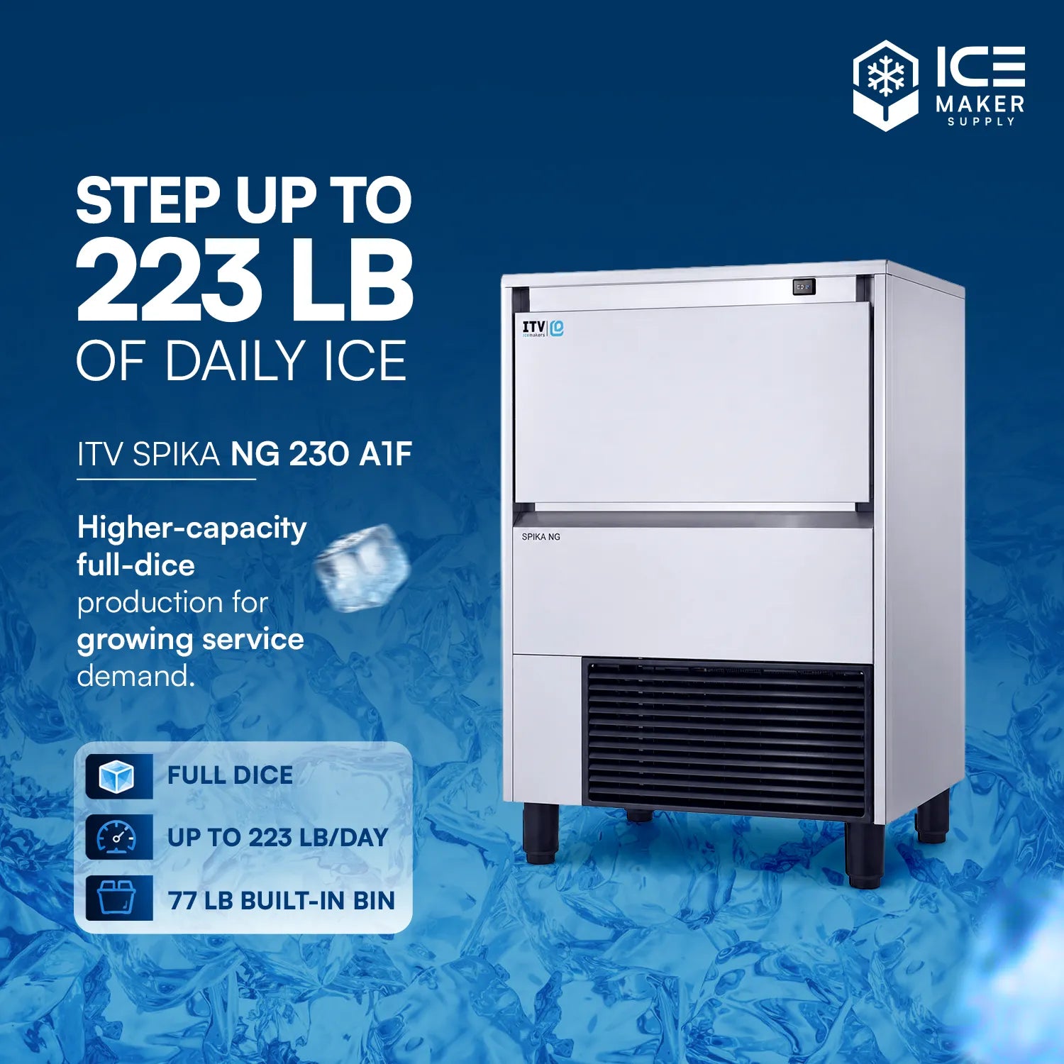 Ice maker machine with text highlighting daily ice production on a blue background