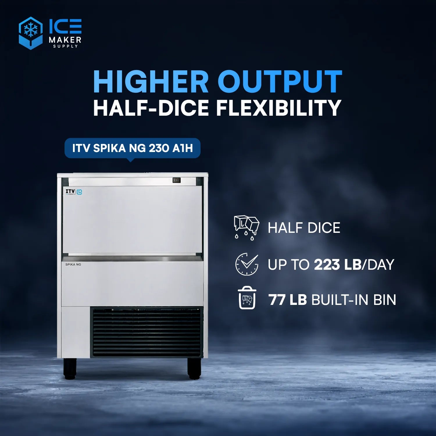 Ice machine with specifications on a dark background