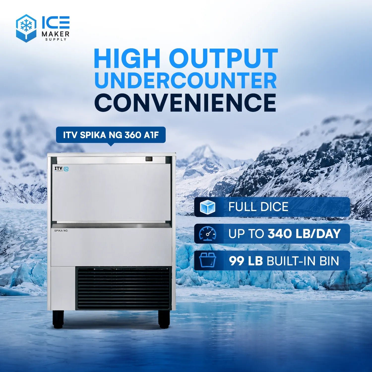 Ice maker machine with mountain and ice background, featuring text about high output and convenience.