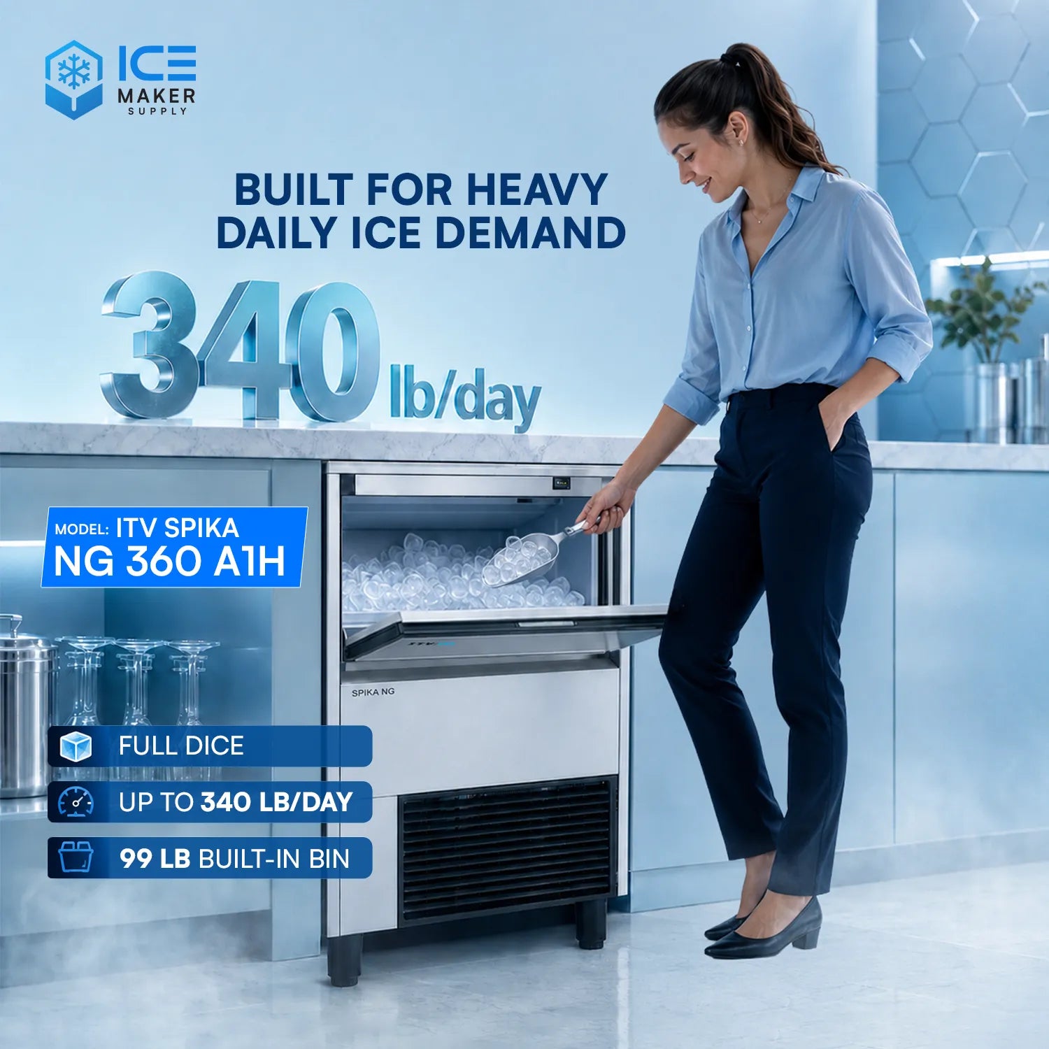 Woman using an ice maker with text highlighting daily ice production capacity.