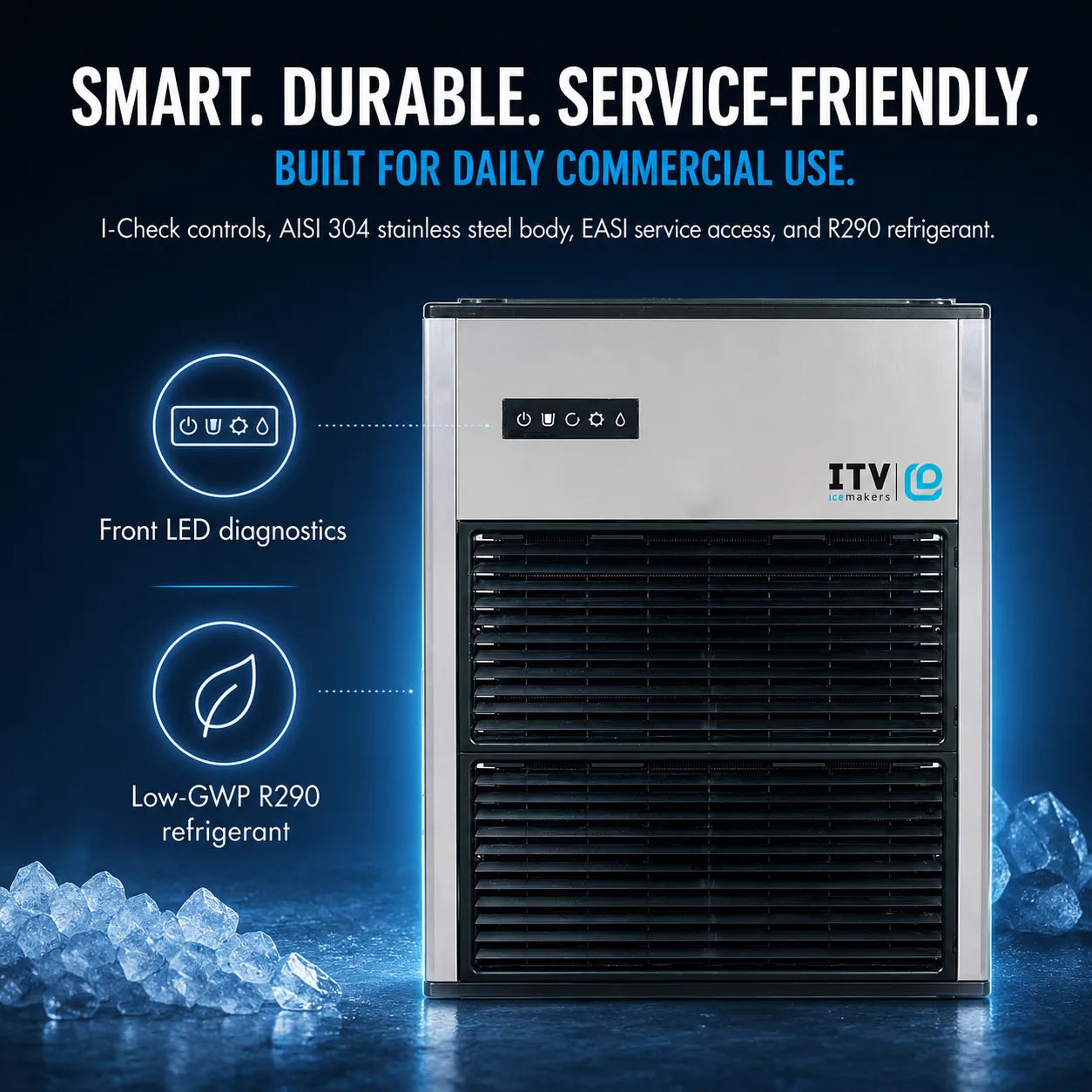 A commercial ice machine with a brushed silver metal front and black lower grille, shown on a dark blue promotional background with text callouts for LED diagnostics and low GWP R290 refrigerant. The brand name ITV Marine is visible on the upper right of the machine.