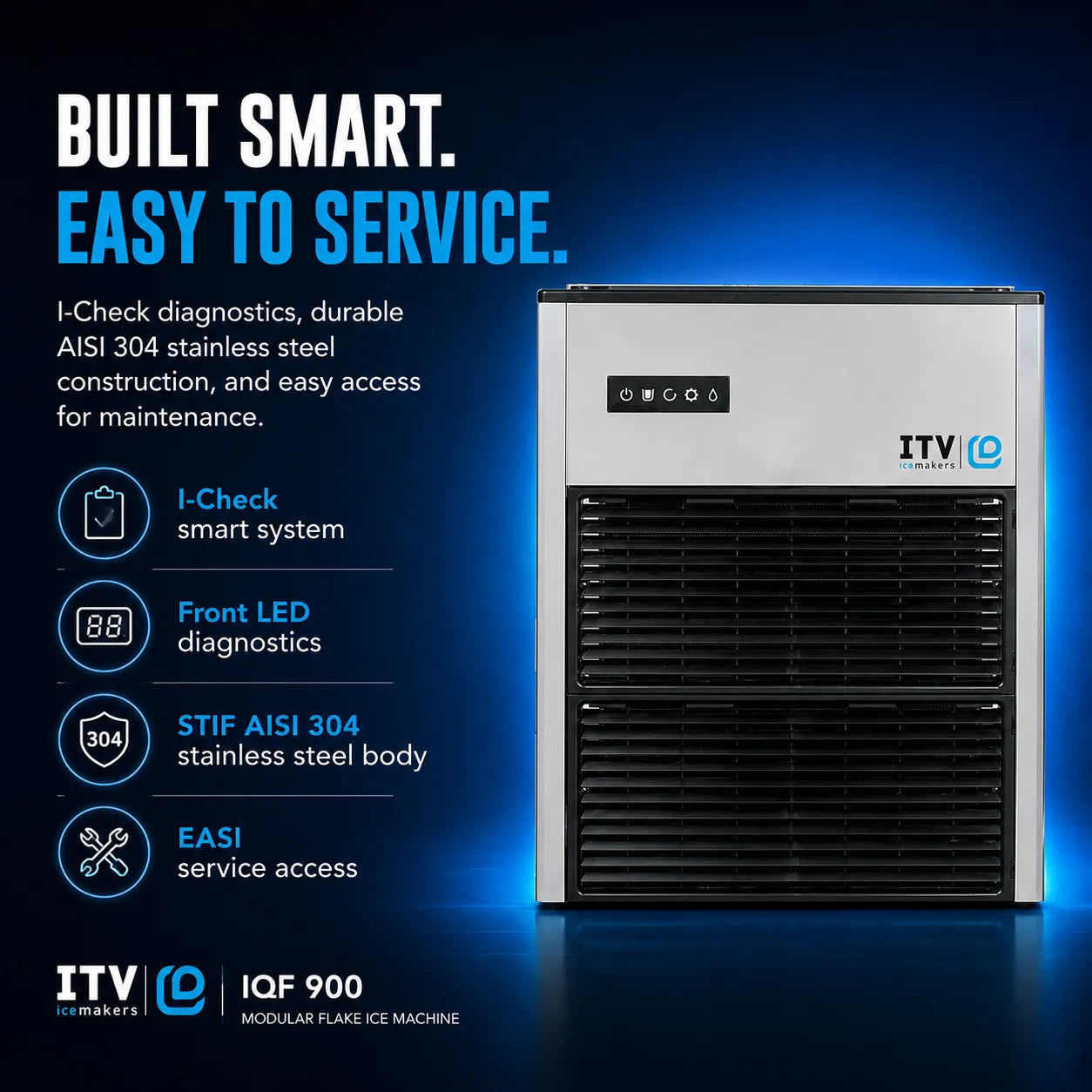 ITV Ice Markets IQF 900 modular flake ice machine in stainless steel, shown against a dark blue background with promotional text highlighting smart diagnostics, LED display, AISI 304 construction, and service access.