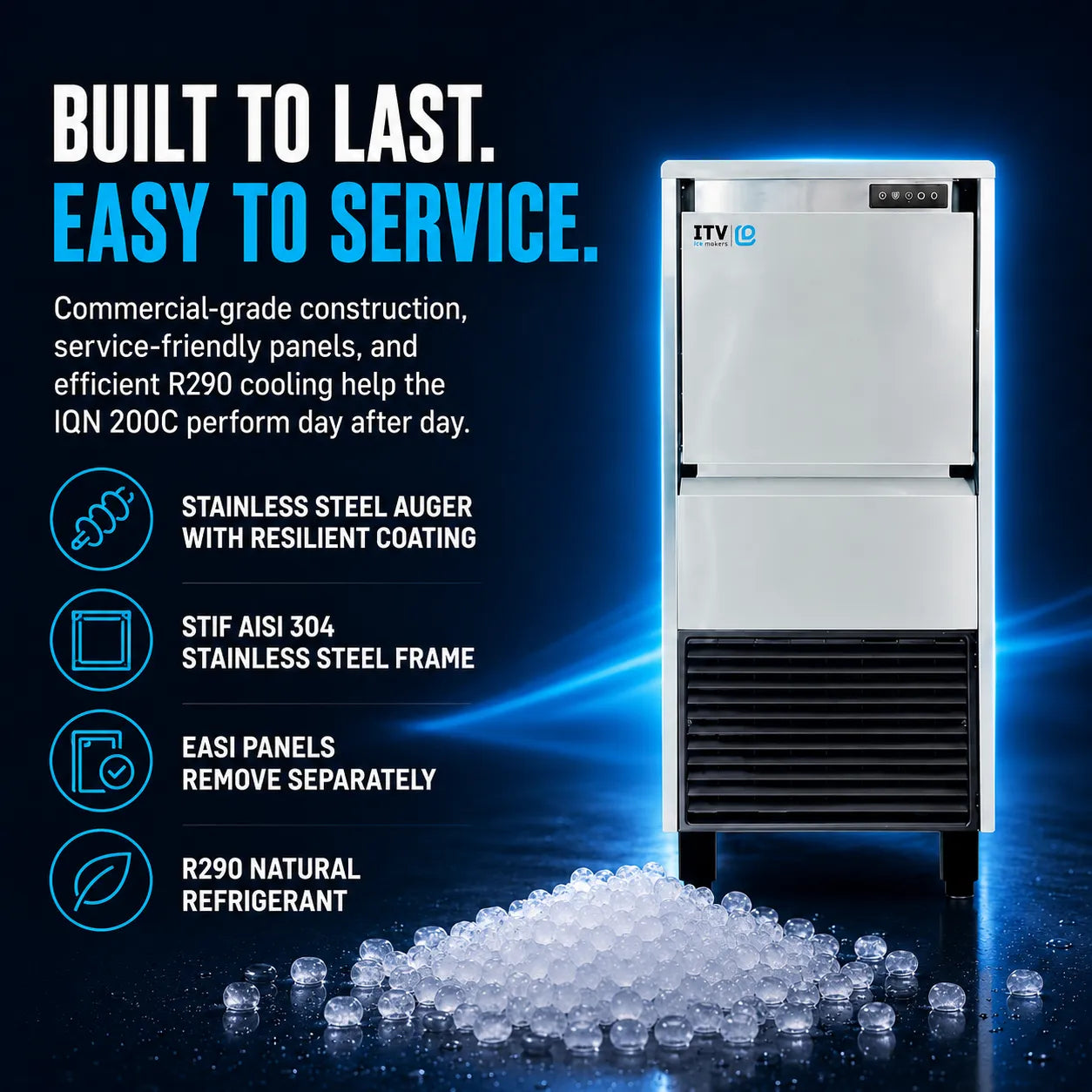 ITV iQ commercial ice machine on a dark blue promotional background with text highlighting features like stainless steel auger, STIF AISI 304 frame, easy panels, and R290 natural refrigerant, with ice cubes at the bottom.