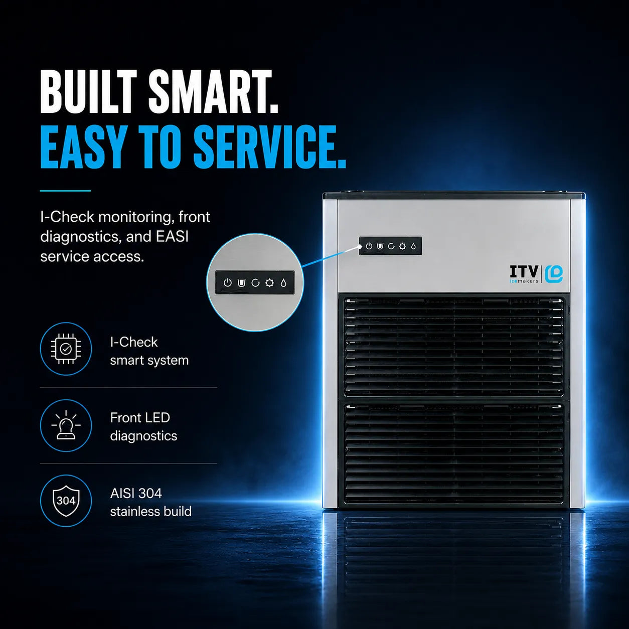 A built-in smart ice machine with a digital display and feature callouts on a dark blue background. The product is white and black with the brand logo 'iTV ice' visible on the upper right.