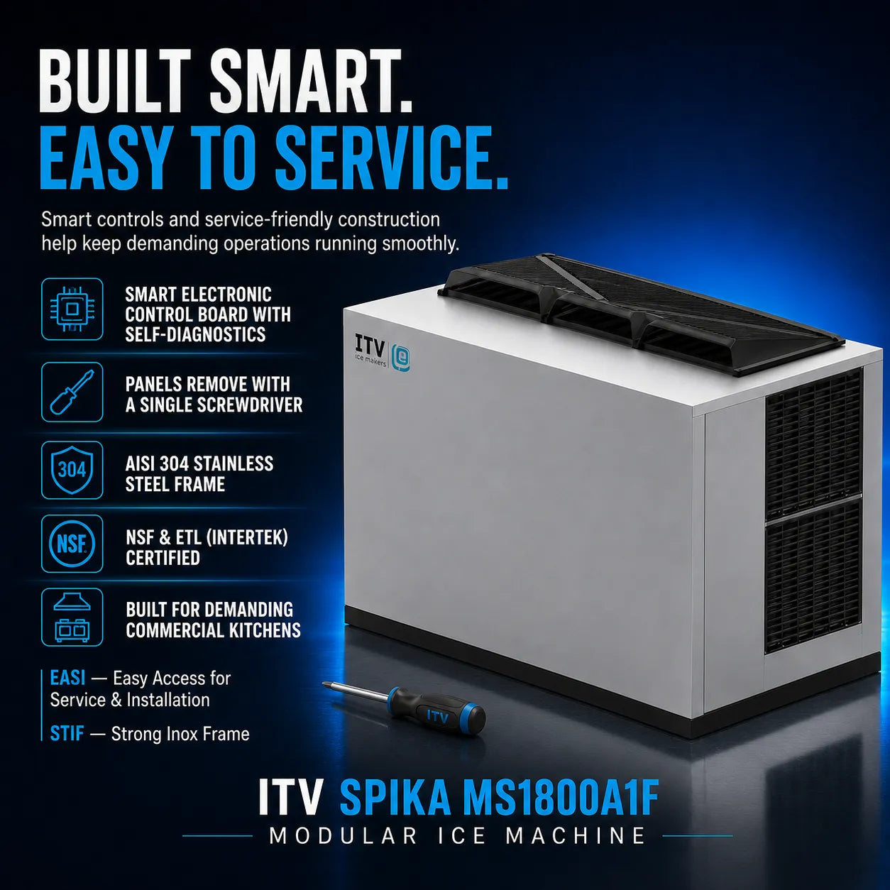 ITV Spika MS1800A1F modular ice machine in silver and black, shown on a dark blue promotional background with feature callouts and a screwdriver.