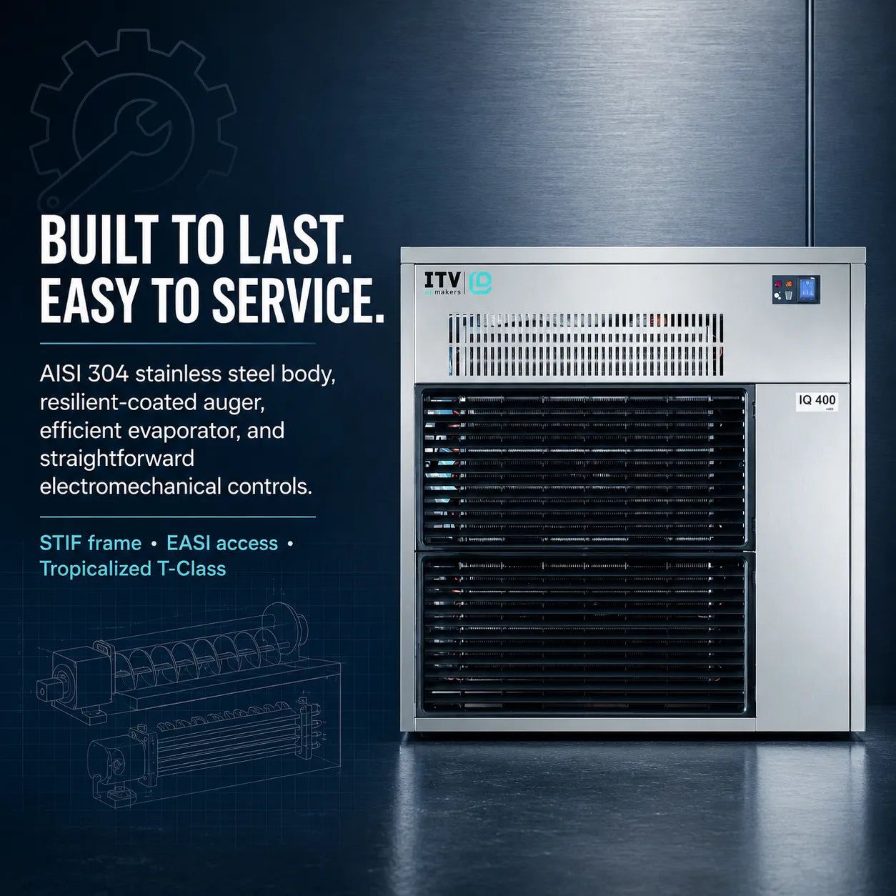 ITV IQ 400 industrial chiller unit in stainless steel, shown against a dark blue textured background with promotional text highlighting its built-to-last and service-friendly design.