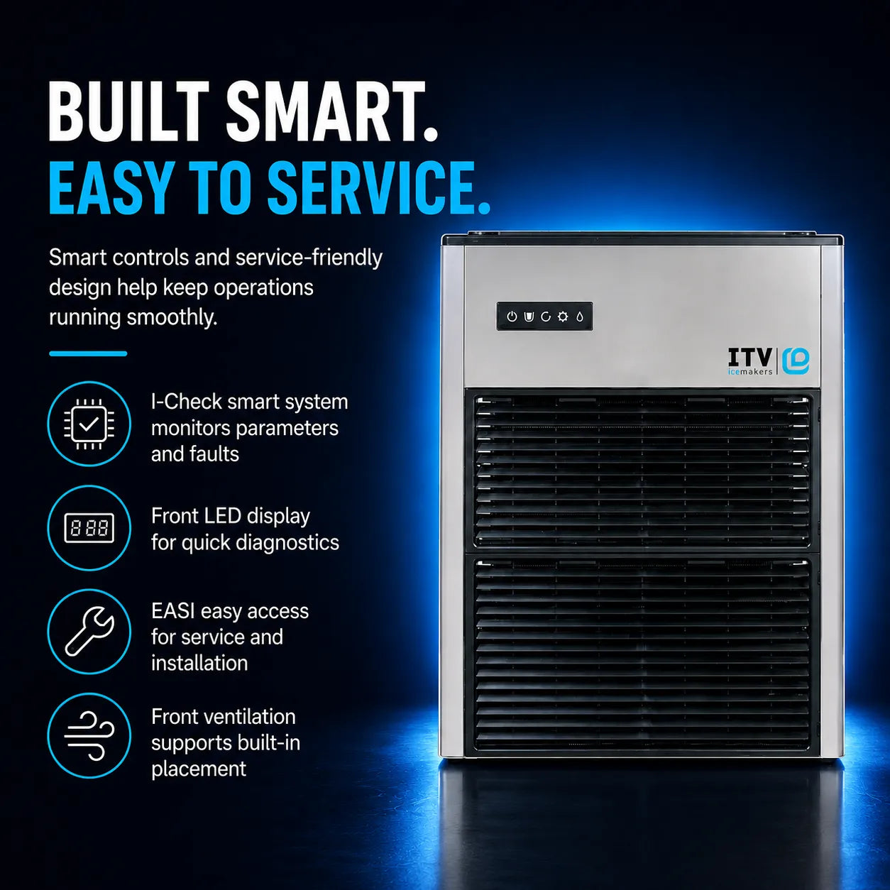 ITV Pro built-in smart air conditioner shown on a dark blue background with promotional text and feature icons. The unit has a brushed silver metal front, black vented lower section, and a small control panel with LED display.