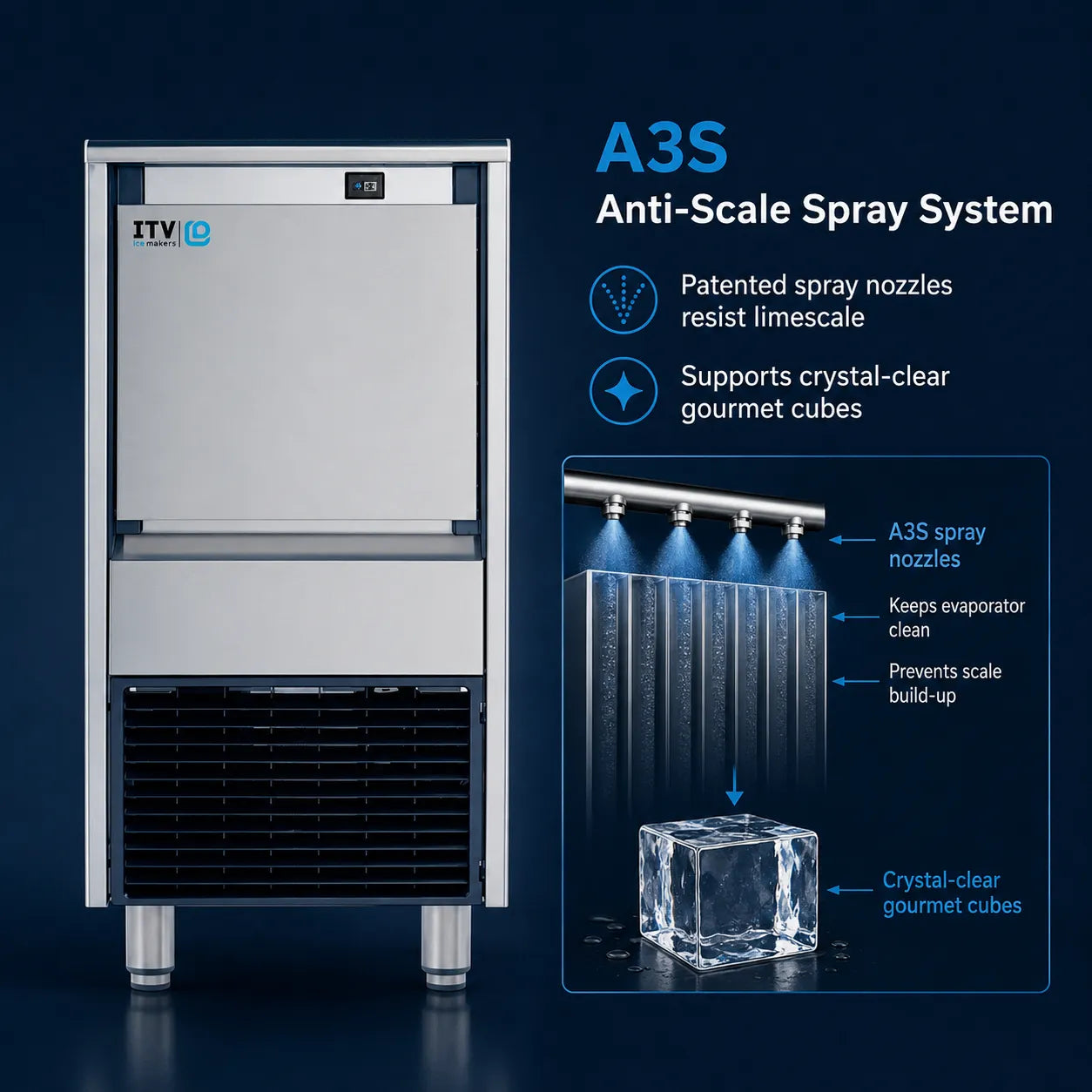 Commercial ice machine with a dark blue background and an inset diagram explaining the A3S Anti-Scale Spray System, showing spray nozzles, evaporator cleaning, and crystal-clear ice cubes.