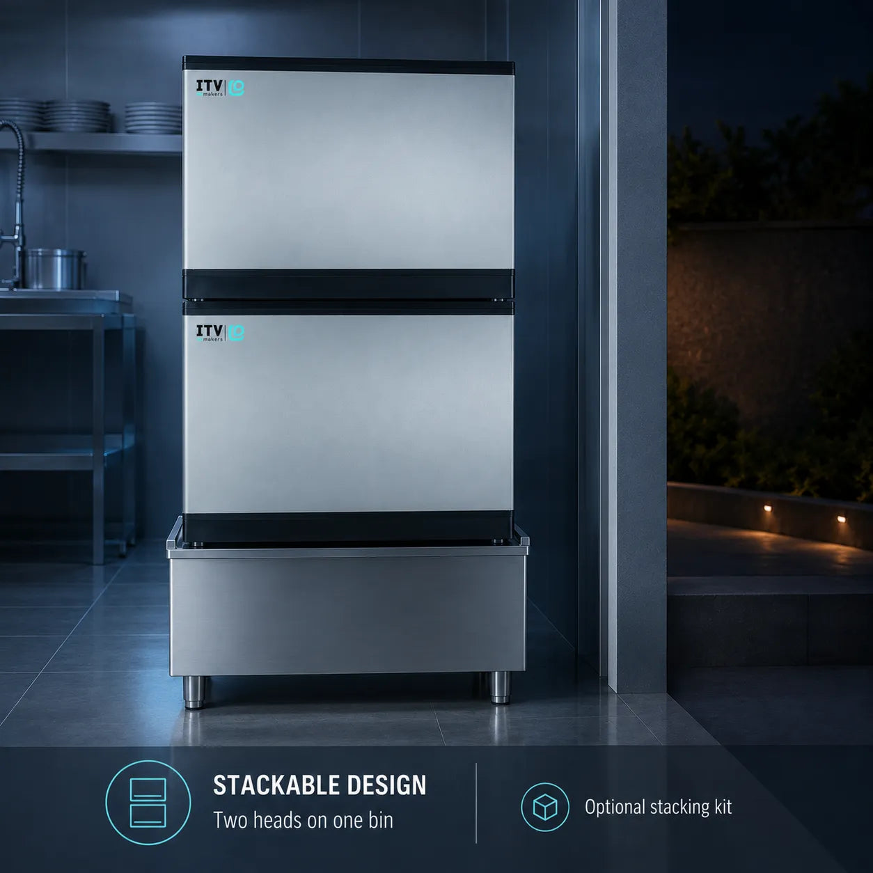 A double-head stackable commercial ice machine in brushed stainless steel with black trim, shown in a dark kitchen environment. Text overlays at the bottom highlight its stackable design and optional stacking kit.