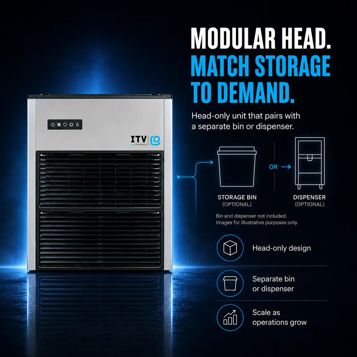A modular head unit for an ice machine shown on a dark blue promotional background with text explaining storage and dispenser options. The unit is silver and black with the ITV Ice logo on the front.