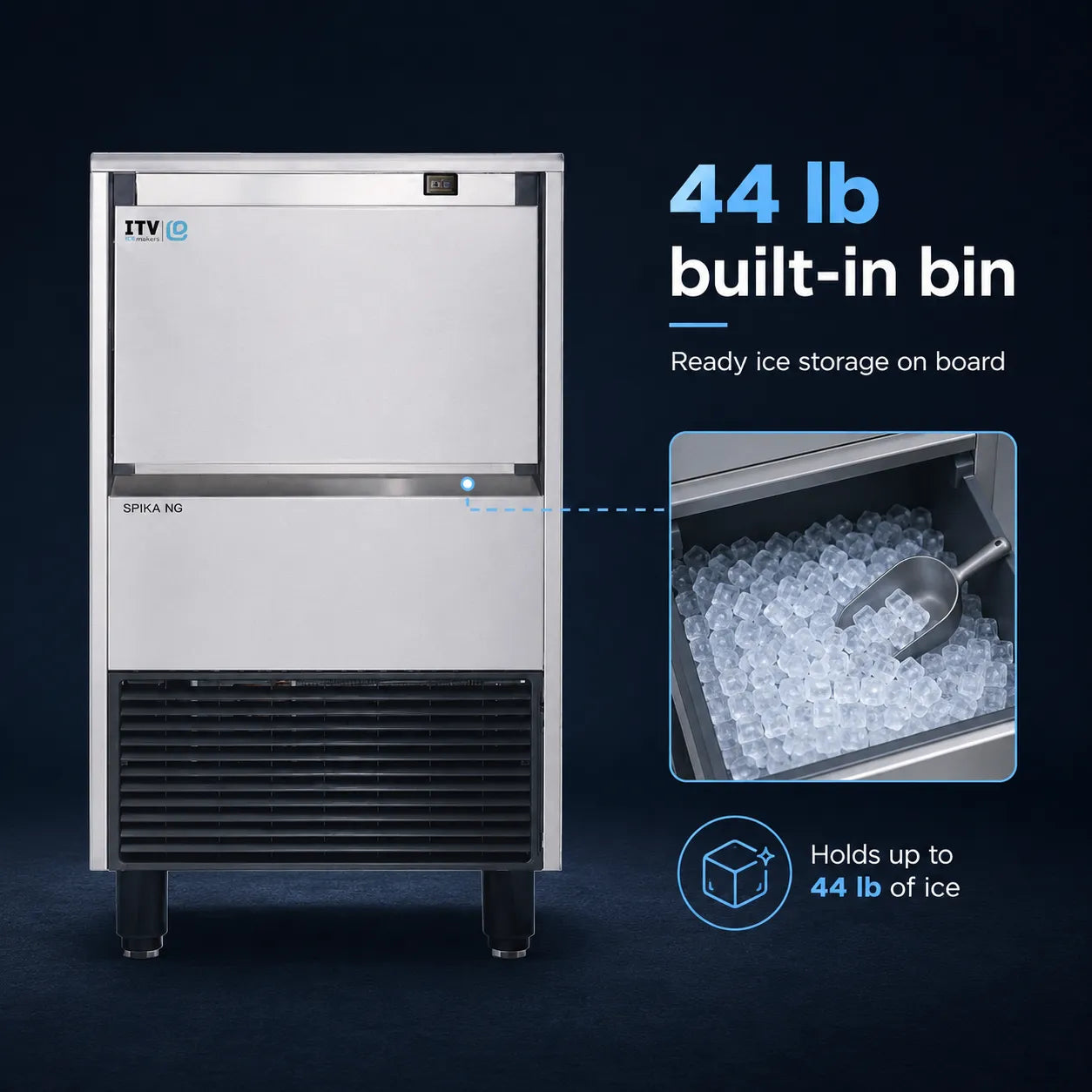 A stainless steel commercial ice machine on a dark blue background, with text reading '44 lb built-in bin' and an inset showing the ice storage bin filled with ice cubes.