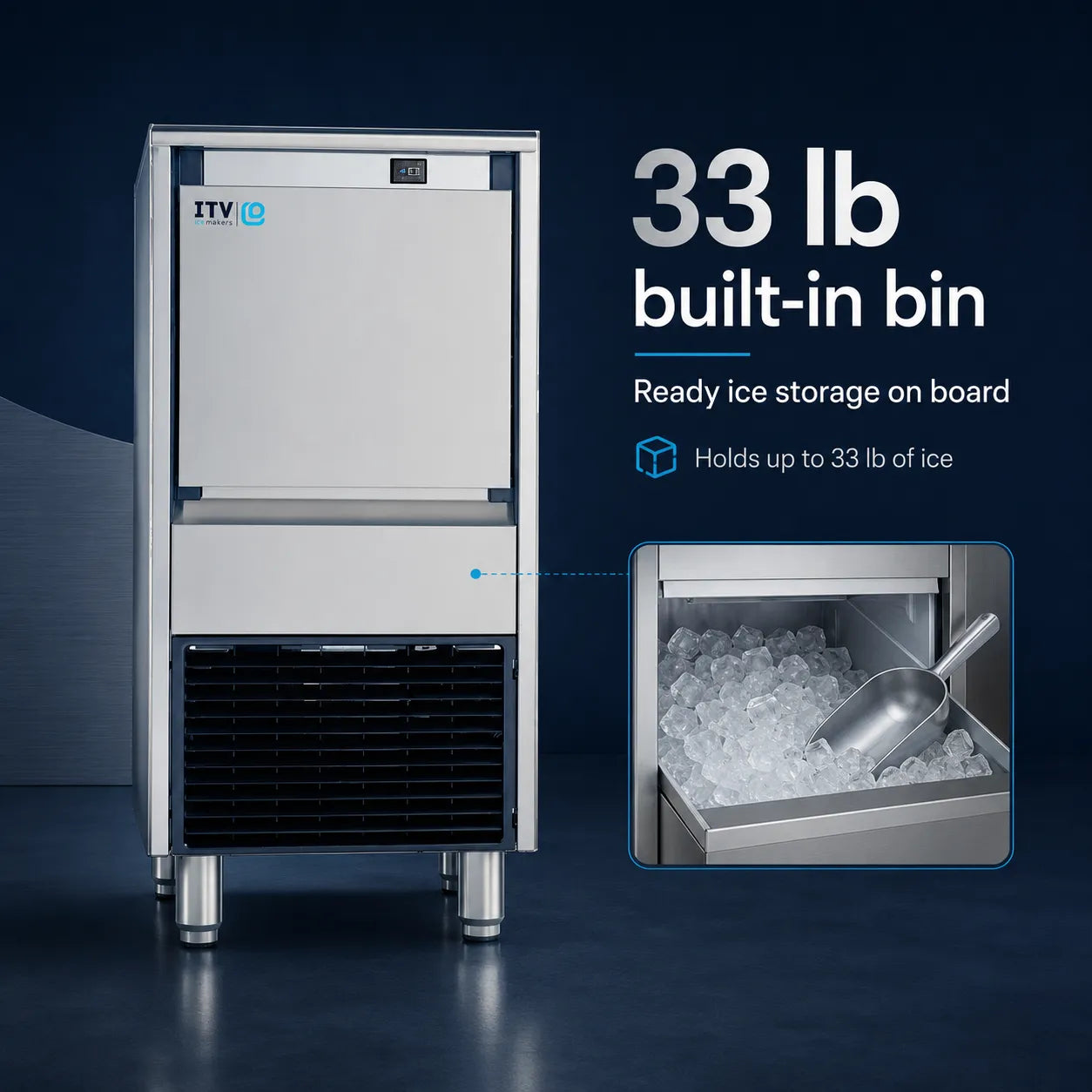 A stainless steel commercial ice machine with a built-in bin, shown on a dark blue background with text reading '33 lb built-in bin' and a small inset photo of ice inside the bin with a scoop.