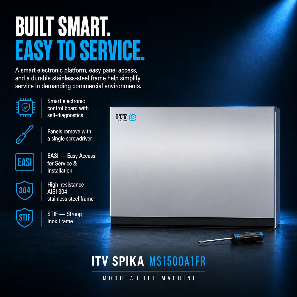 ITV Spika MS1500A1FR modular ice machine in a brushed silver stainless steel finish, shown on a dark blue background with promotional text and feature icons.