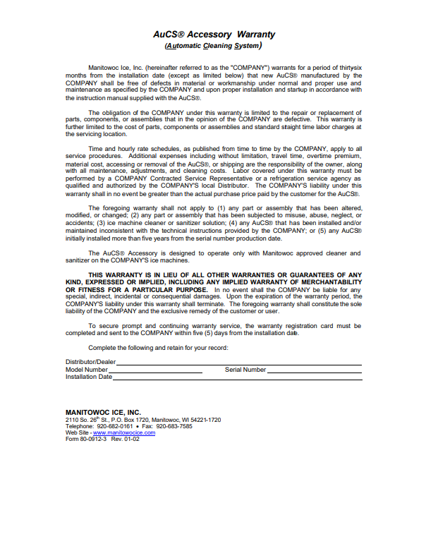 Warranty Sheet